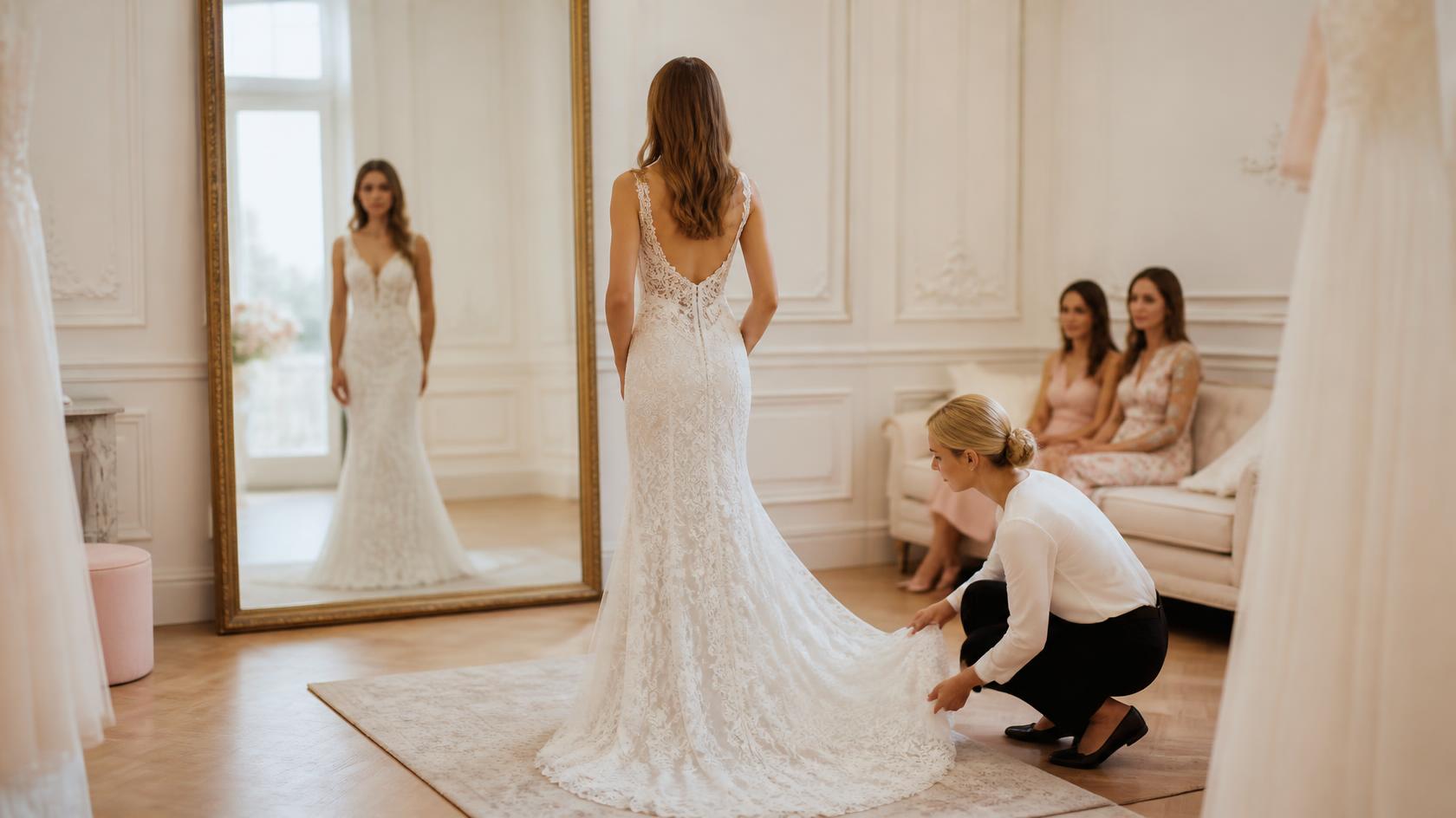 Future mariée en essayage de robe dans une boutique
