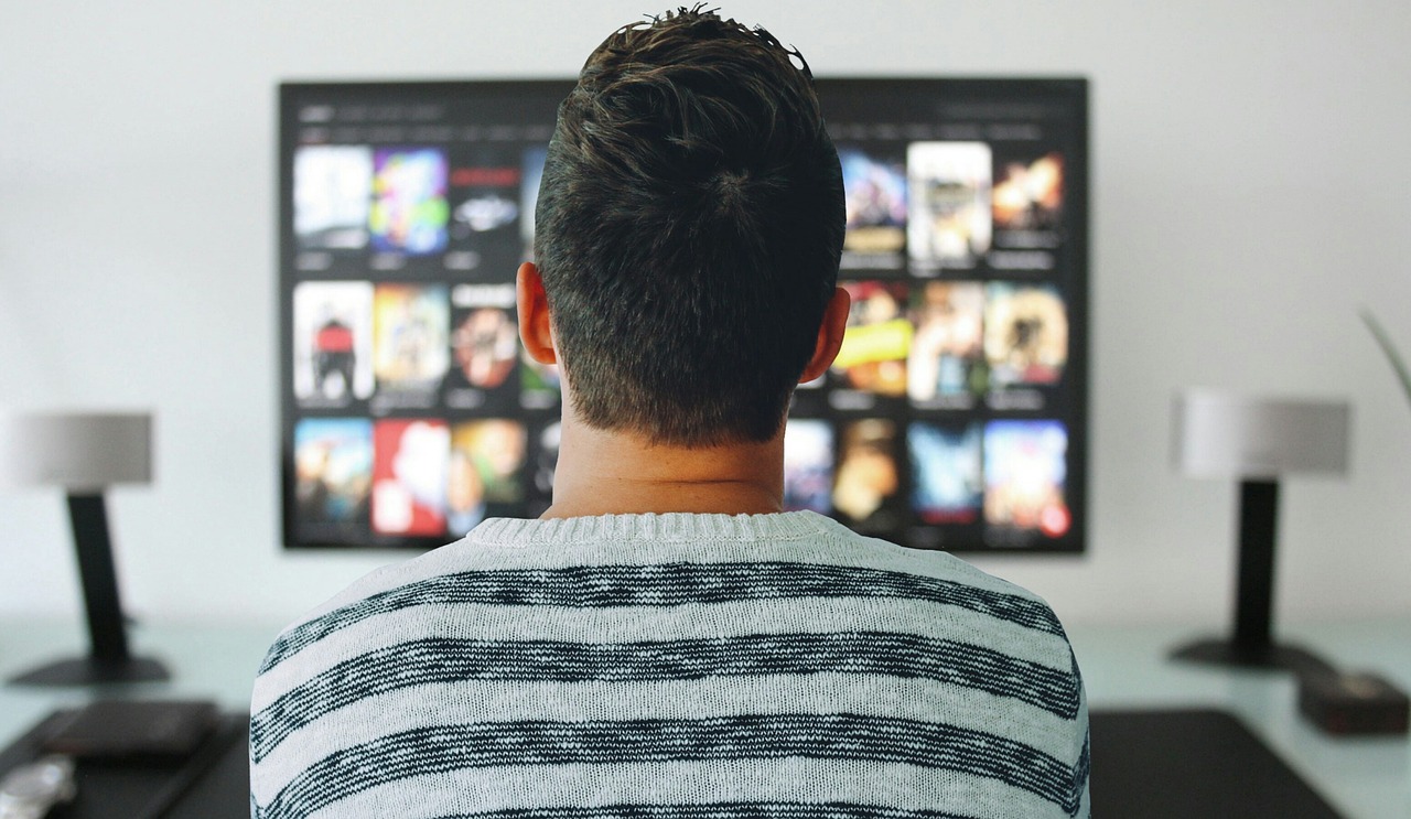 Un homme de dos regarde le catalogue d’une plateforme de streaming sur un grand écran